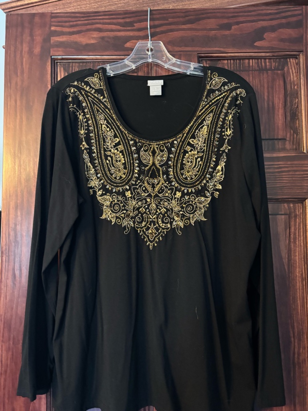 Chico's Black Long-Sleeve Top with Gold beaded Yoke